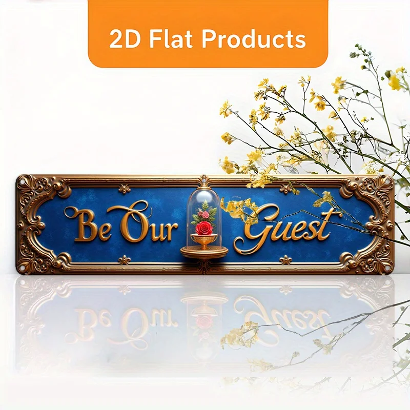2D Flat, Vintage Metal Aluminum Sign 'Be Our Guest' Elegant Wall Art Plaque, Dimensions (10x40cm/ 3.9x15.7inch) - Perfect