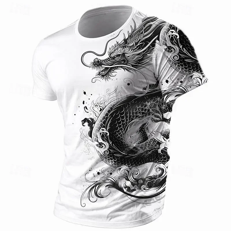 Trendy Men's Ink Wash Chinese Dragon 3D Print T-Shirt Traditional Dragon Art Crew Neck Short Sleeve Novelty Graphic Tee Tops