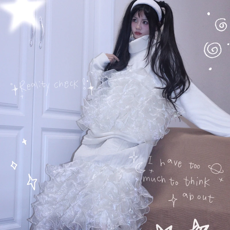 Otoño Invierno blanco nuevo terciopelo granular encaje cuello alto mujer Top diseño Original versátil manga larga bolsillo sudadera chica