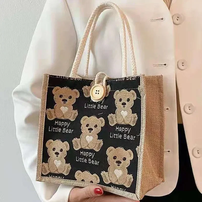 Cartoon Cute Bear Canvas Bag borsa per la spesa portatile studenti di grande capacità donna Eco Tote Bag borsa da viaggio in tessuto a tracolla