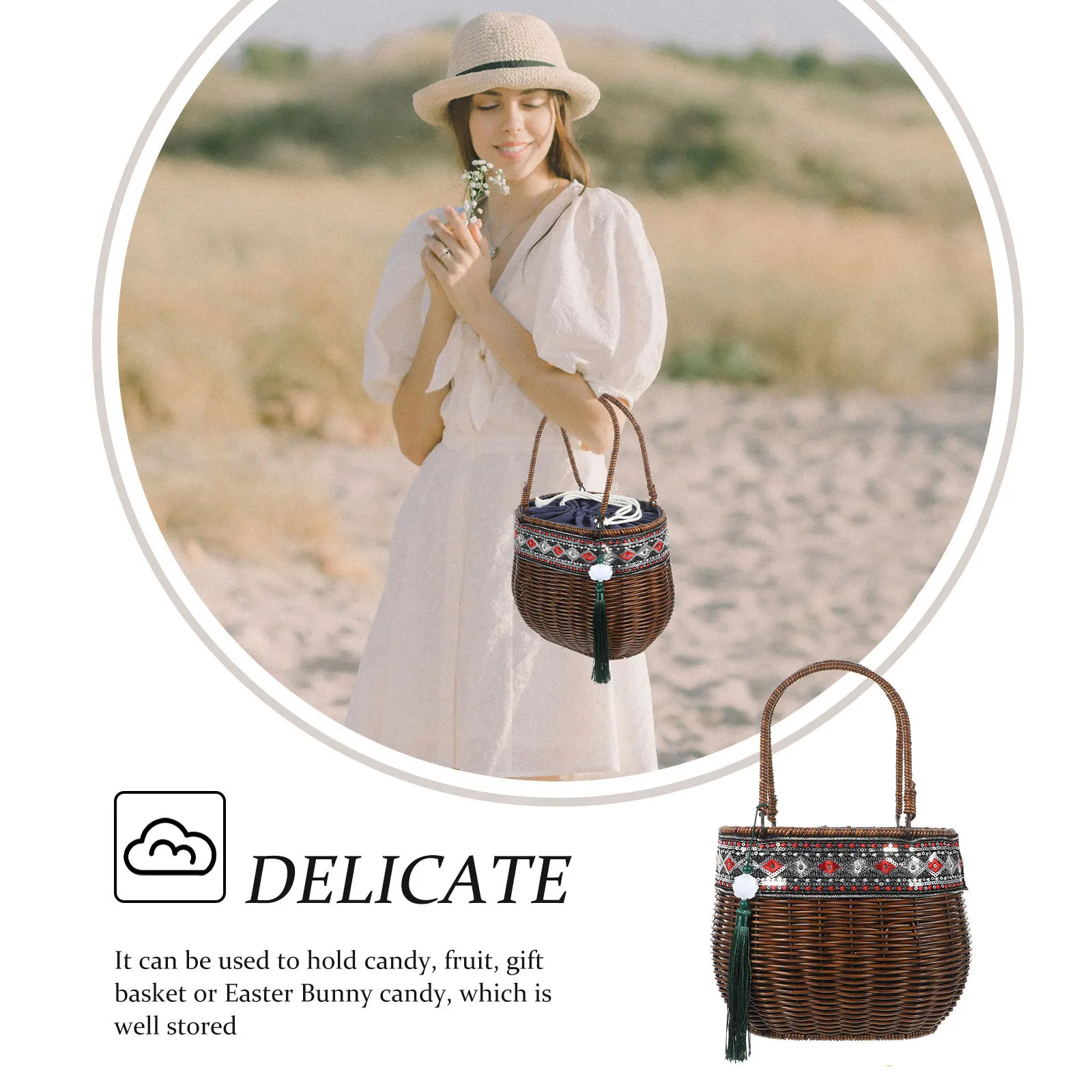 

Woven Handheld Retro Ethnic Style Large Capacity Storage Basket For Picnic Flower Fruit Snacks Portable Handmade Rattan Basket