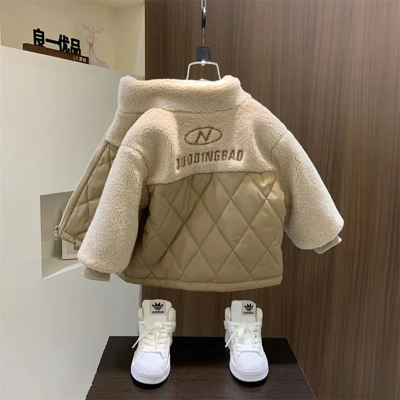 Boys Plush Jacket With Cotton Jacket 2024 Baby Thin Cotton Jacket Handsome Children's Autumn And Winter Clothing Thick Jacket