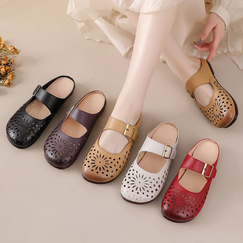 New Arrival Genuine Leather Sandal Womens Clogs Slip on Mules Closed Toe Sandals Woman Elegant Summer Flats Comfortable Shoe Mom
