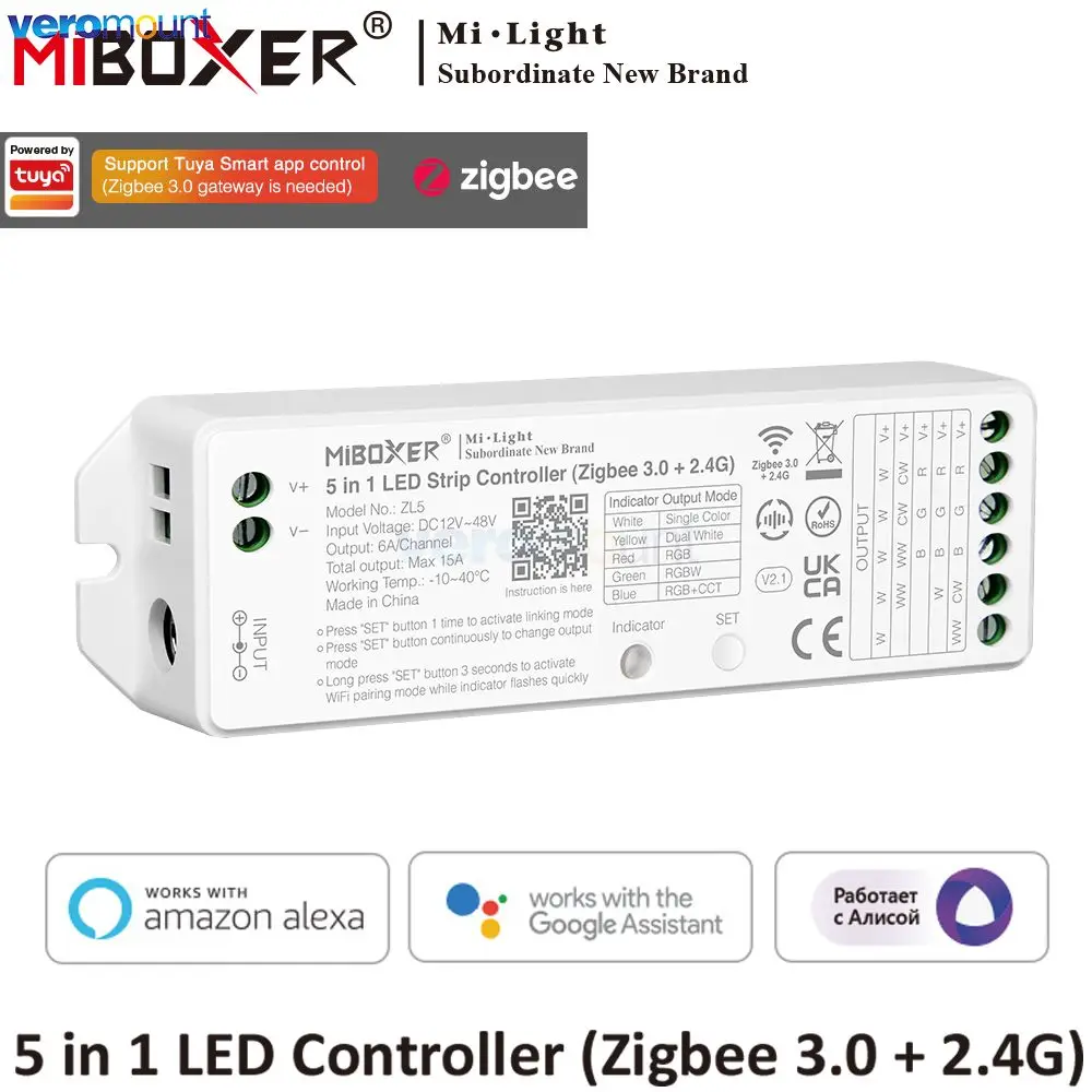 Miboxer Zigbee 3.0+2.4G Jednokolorowy podwójny biały kontroler taśm LED RGB RGBW RGBCCT 5 w 1 ZL5 DC 12V 24V 2.4G WiFi APP Voice