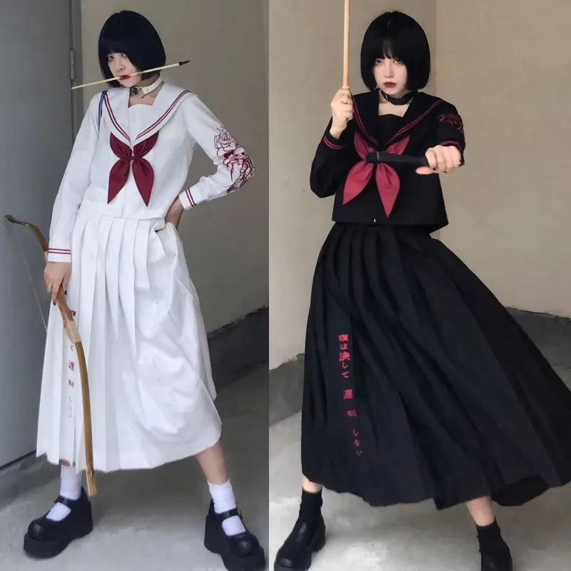 2024 New JK Uniform Spring And Autumn Long Skirt Suit Dark Embroidery Sailor Outfits Cool Style White Black Two Pieces Set Girls