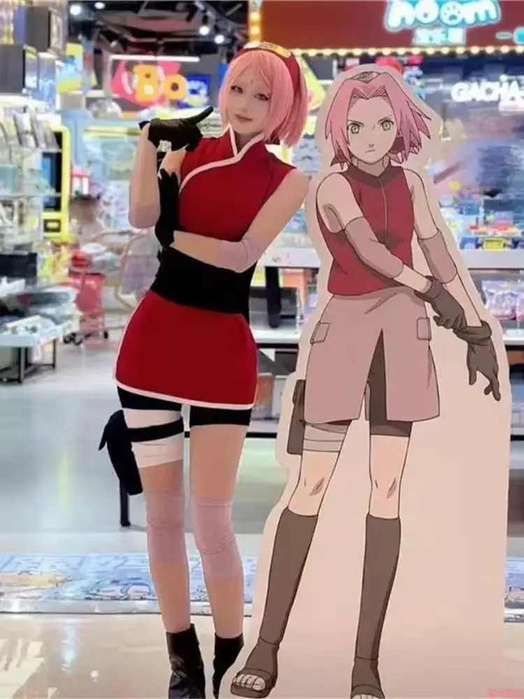 

Anime Haruno Sakura Cosplay Costume Halloween Sakura Ninja Dress Women's Costume Red Short Cheongsam Comic Con Carnival Suit