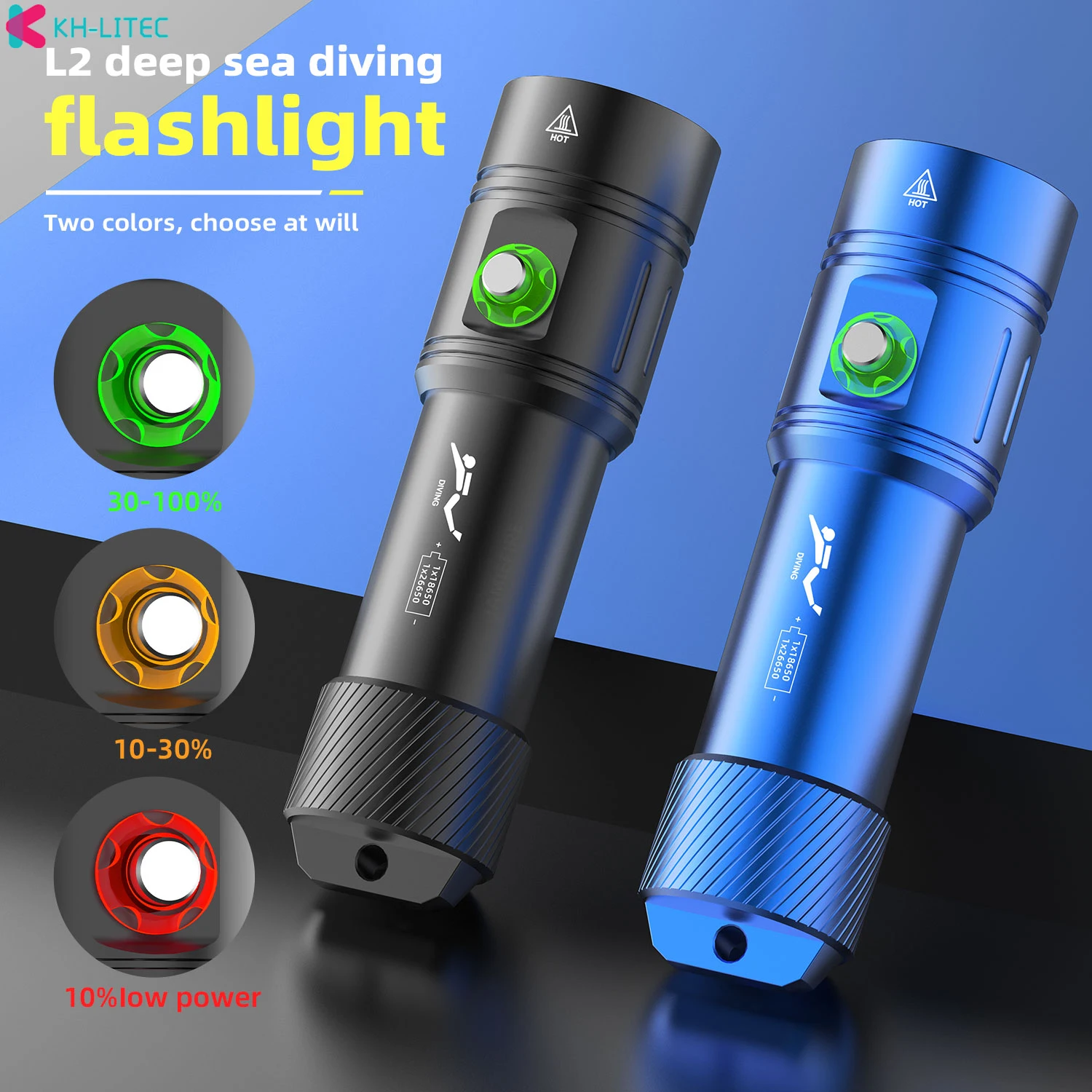 Powerful LED Diving Flashlight Super Bright L2 Professional Underwater Torch IPX8 Waterproof rating Lamp Using 18650  Battery