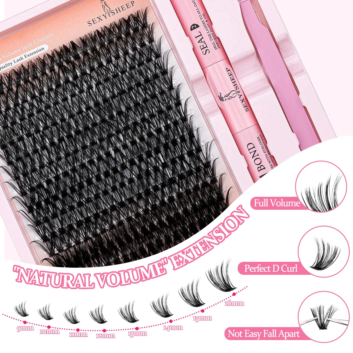 まつげエクステキット Cカール まつげクラスター 9-16mm ミックス グルー、まつげピンセット、再利用可能な個別まつげを含む、毎日の使用に