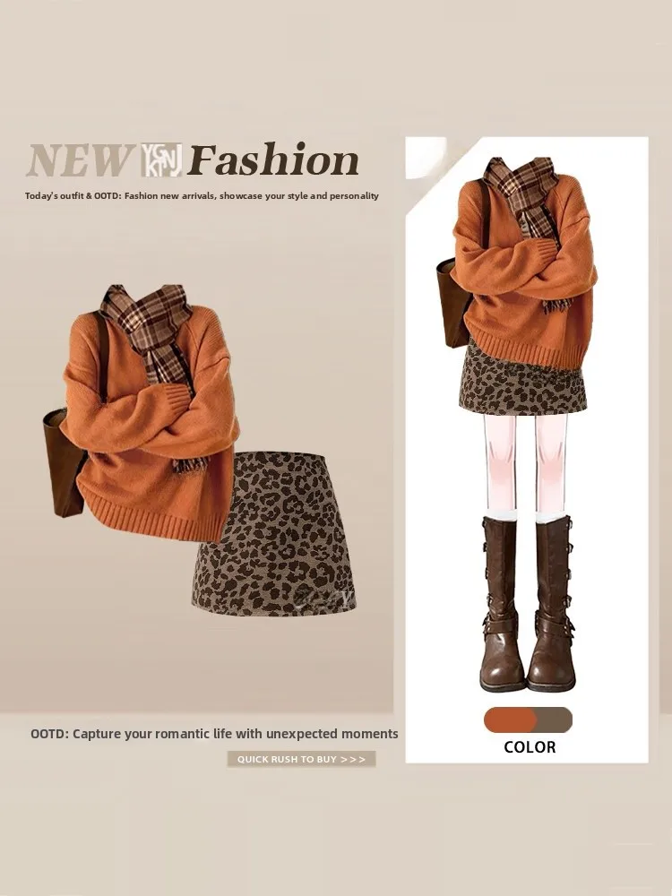 Ambient Feeling Maglione arancione lavorato a maglia invernale Top rotondo sciolto Ne con gonna con stampa leopardata Set da due pezzi per W...