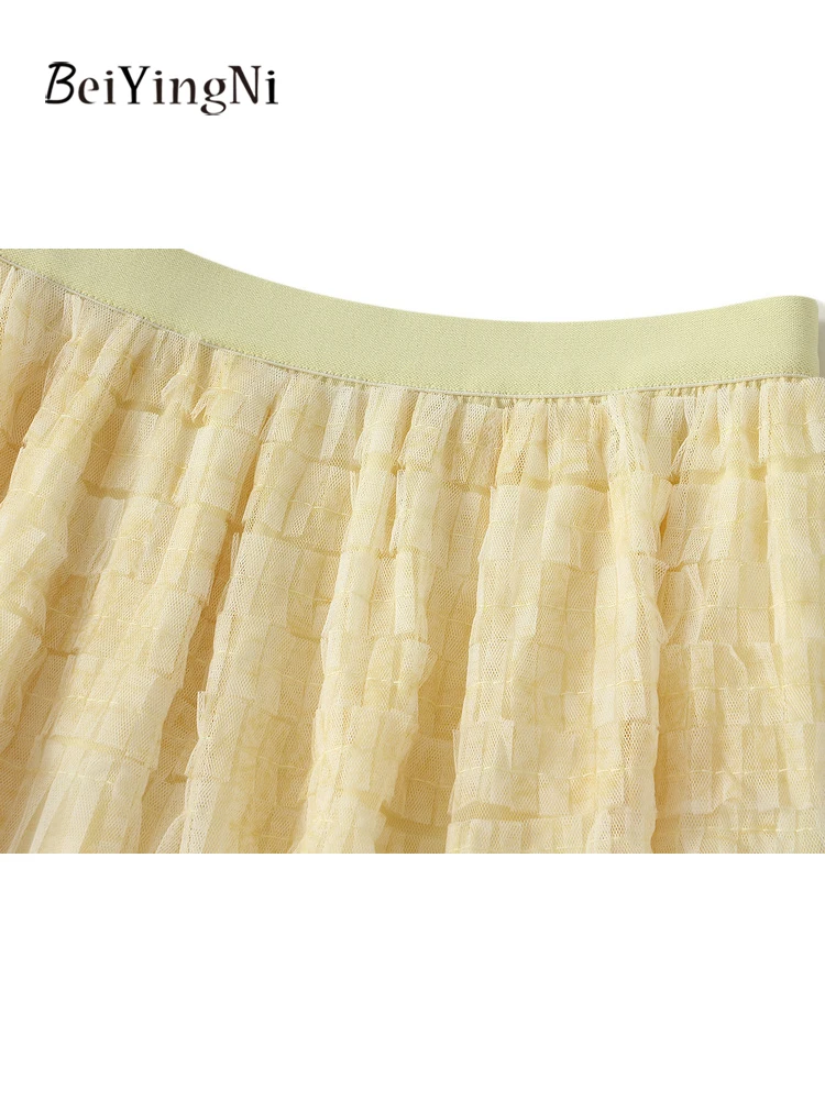 Beiyingni 2025 Woman Mesh Maxi Skirts Tie Dye Casual Tiered Long A-line Tutu Cake Skirt Ladies Elegant French Slim Party Jupes