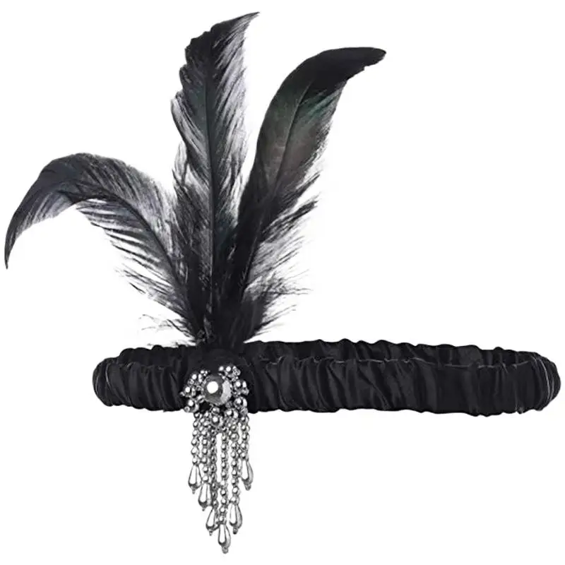 Women's Black Hair Accessories Beaded Hair Band 1920s Retro Gatsby Single Party Ladies Headwear Dress UP Feather Headband view 4