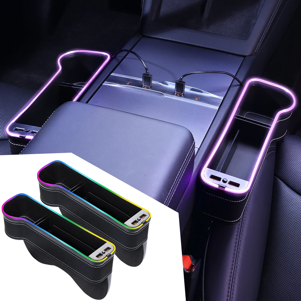 YZ Car Seat Gap Filler Cup Holder 7 Colours Changing LED Car Crevice Storage Organizer Box With 2Usb Charger Car Accessories