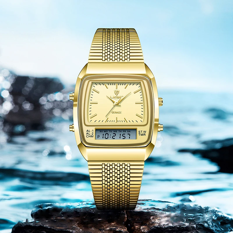 2023 uhr Für Männer Digitale Doppel Display Casual Mode Edelstahl Gold 30 M Wasserdicht Quarz Armbanduhren Uhr relogio