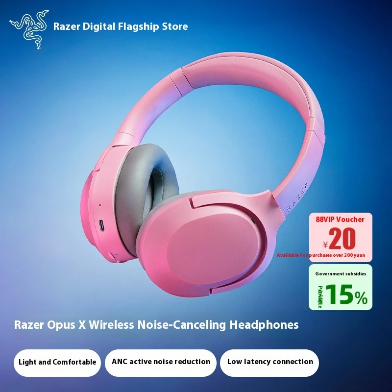 

Razer Silent Star Shark X Wireless ANC Noise Cancelling Headset For Music And Gaming Overhead Style Pink Crystal Color