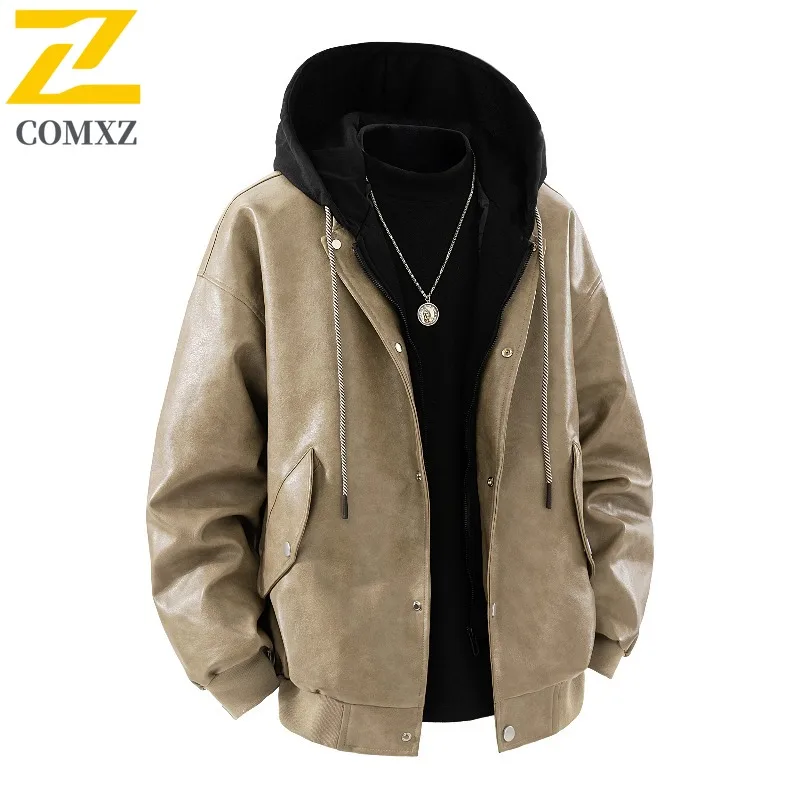 

COMXZ Stylish Gorpcore Biker Jacket Hooded Waterproof Windproof Camping Hiking Jackets Leather Comfortable Coat Men's Clothing