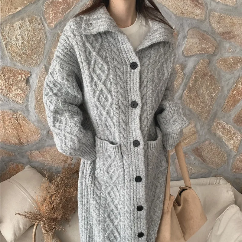 

Women's Winter Thicken Long Knitted Cardigan Sweater Jacket Coat Stand Collar Cable Knit Trench Overcoat Warm Outerwears 2023