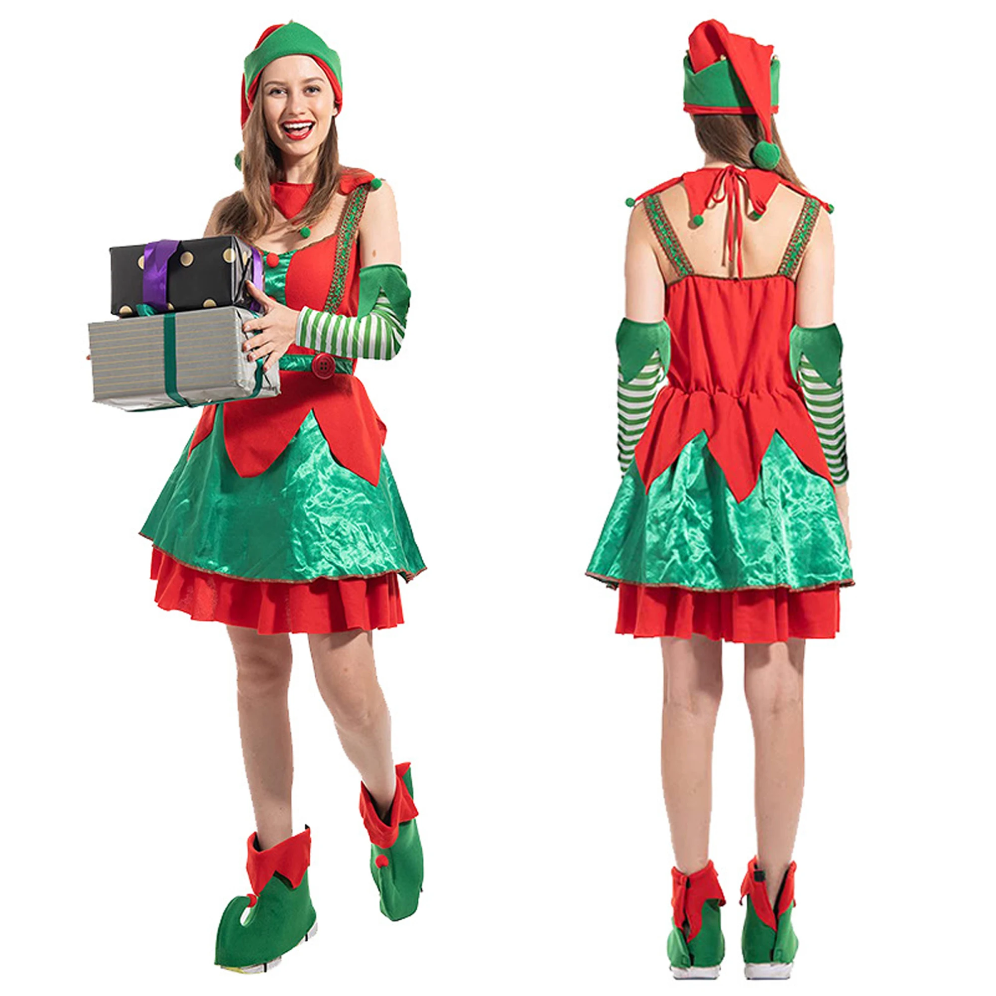 Women s Christmas Elf Costume Set with Sleeveless Dress Hat and Arm Sleeves for Cosplay Role-Playing Party Outfits - Cute and