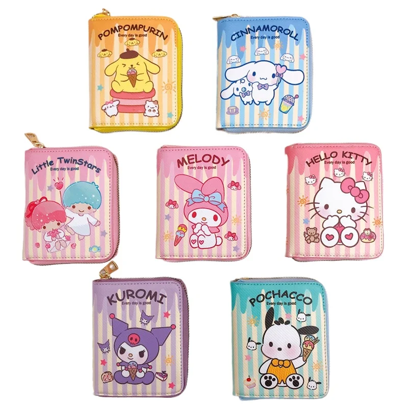 

Hello Kitty Clutch Purse Sanrio Wallet Short Zipper Coin Purses Kuromi Kawaii Coin Pouch PU Cute Cases for Girls Keychains Rings