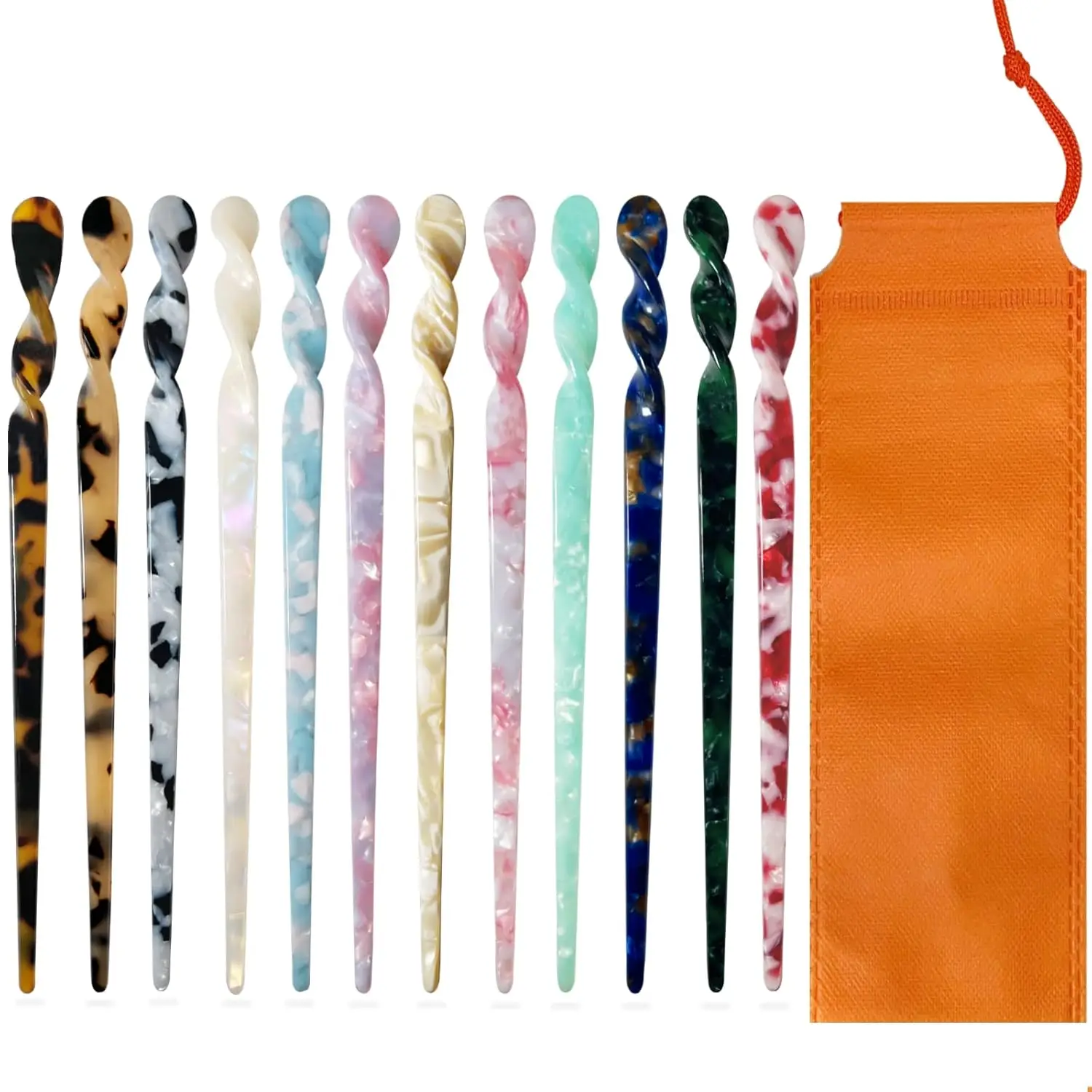 

12 Acetate Hair Sticks Tortoise Shell & Leopard Pattern Chinese Hairpins for Bun Styling, 12 Unique Designs