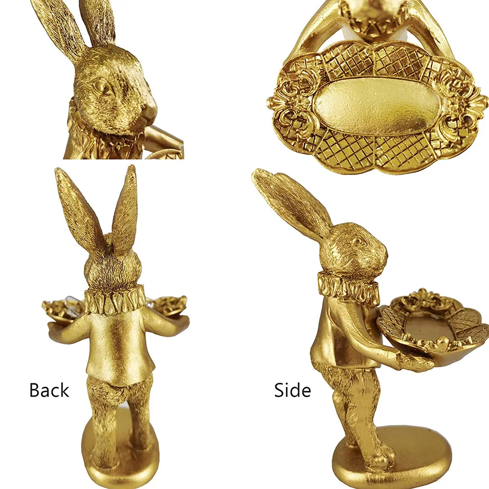 Cute Golden Bunny Figurine Jewelry Ring Tray Decorative Easter Rabbit Statue Resin Animal Sculpture Home Table Desk Ornament - view 6