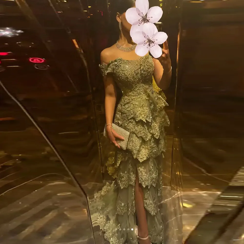 Customized Off the Shoulder Tiered Prom Dresses 2025 Bead Ruffles Layered Evening Party Gown with Split Dusty Green Maxi Dress