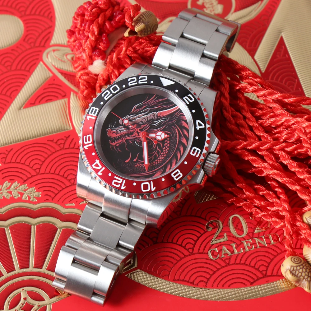 MINUTESECOND NH35 DIY Black Red Dragon Dial NH35 Watch 10BAR Waterproof Sapphire Crystal With Oyster Band Automatic Mens Watch