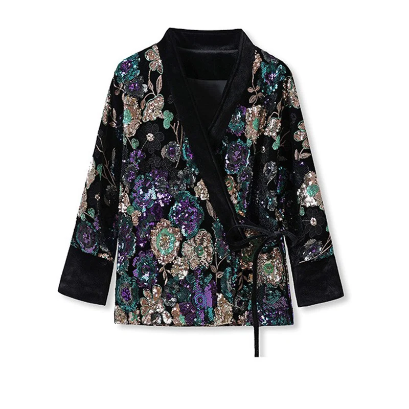 2024 Spring and Autumn New Chinese style V-Neck Embroidered sequined Coat Lace Up Colorful Flowers Jacket Women S-XL