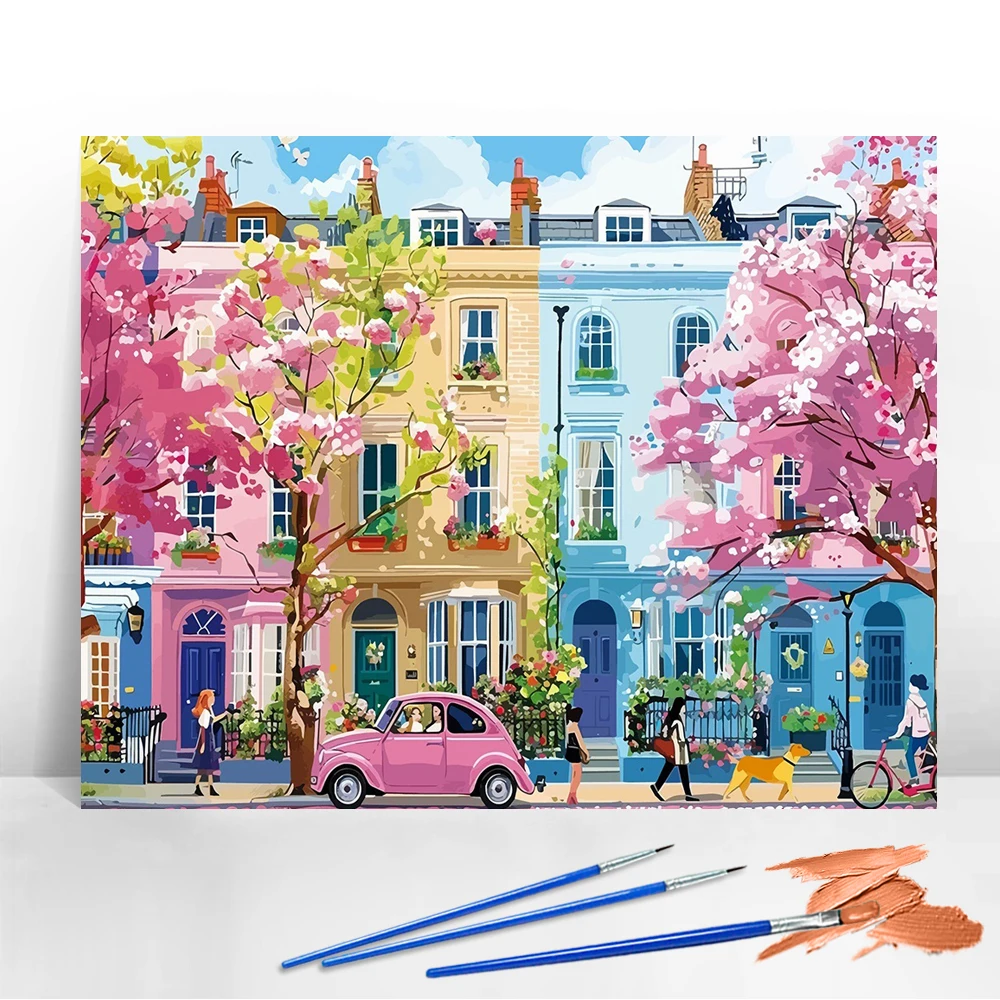 Digitales Ölgemälde, Hauslandschaft, DIY-Set für Erwachsene, Ölgemälde nach Zahlen, Auto, Straße, Landschaft, Kunsthandwerk, handgemaltes Geschenk