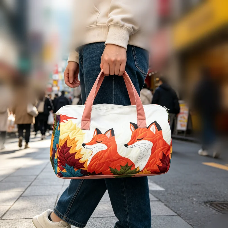 

2Pcs Cute Fox Autumn Travel Tote Bag, Fall Print Duffel with Cosmetic Bag, Large Capacity Overnight Weekender Bag