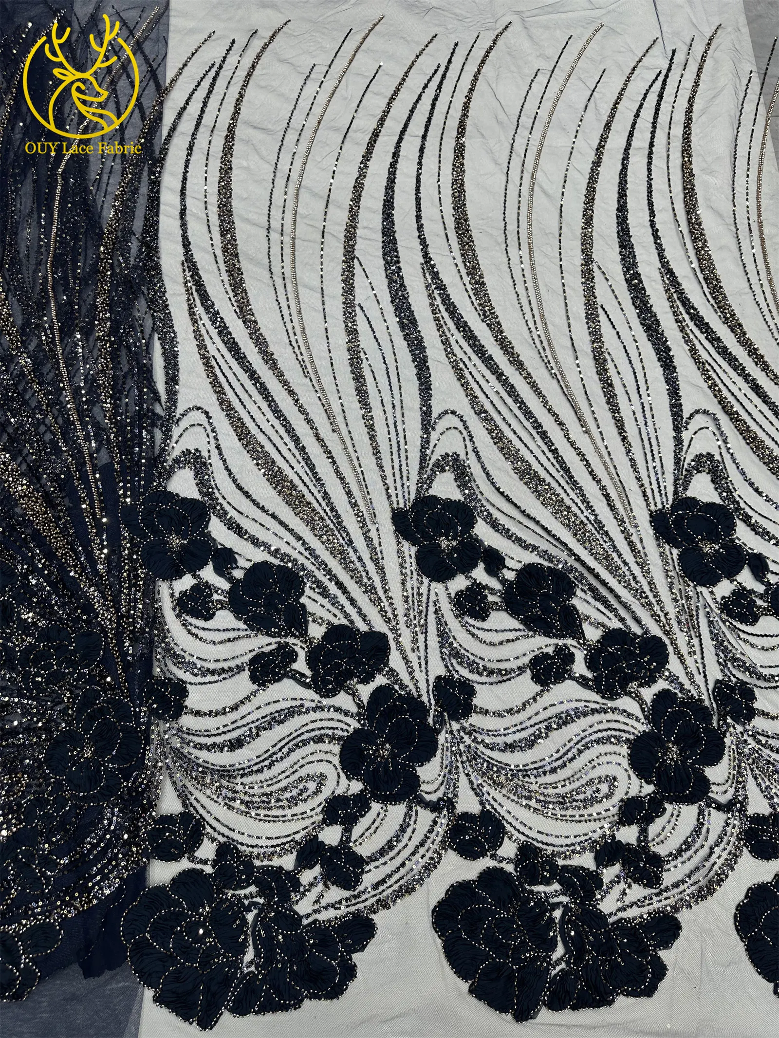 Modische französische 3D-Mesh-Stickerei-Spitze, afrikanischer Perlen-Spitzenstoff, himmelblauer nigerianischer Tüll-Spitzenstoff für Hochzeitskleider und Partykleider zum Nähen – Detail 17