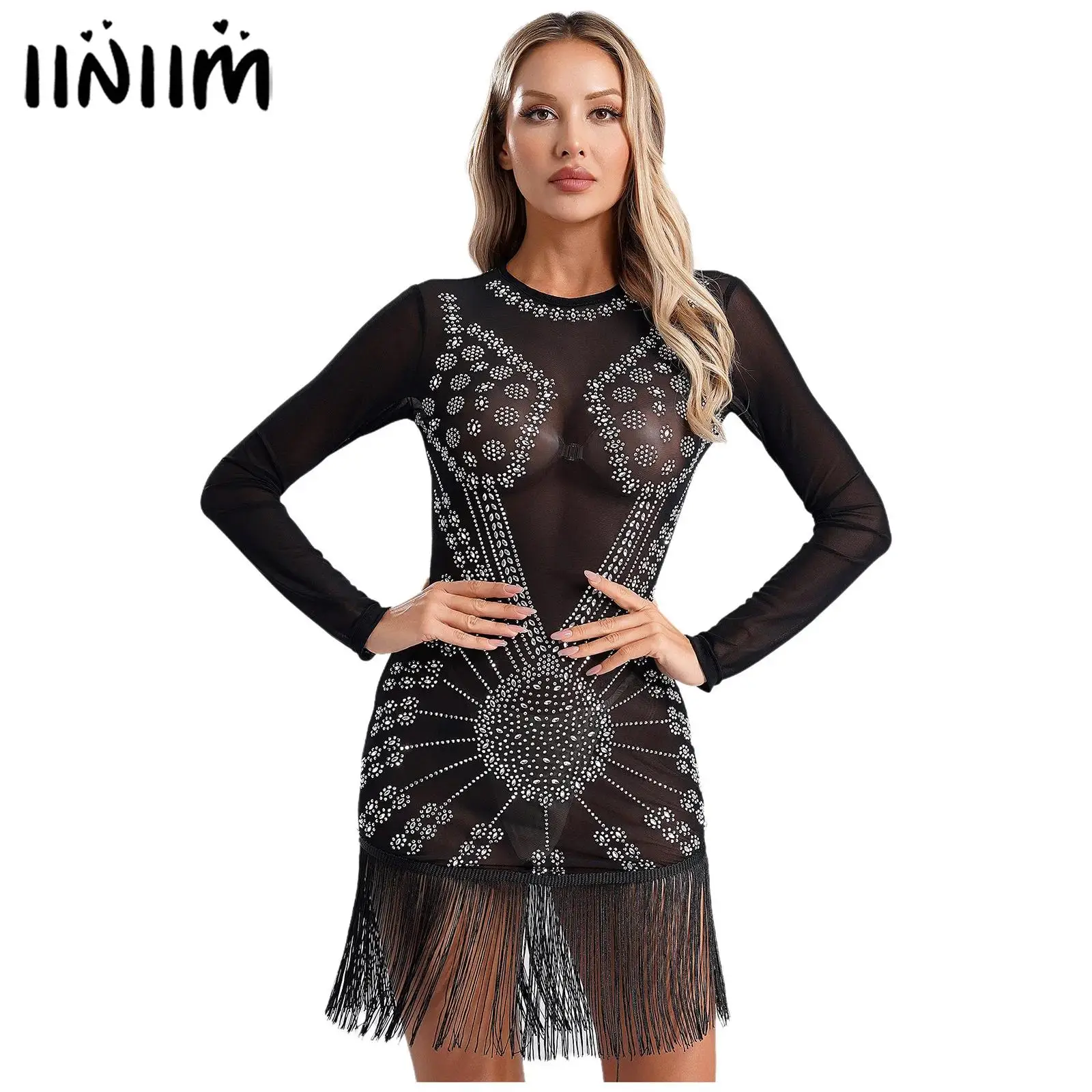 Womens Shiny Rhinestones Disco Samba Pole Dancing Dress See Through Mesh Bodycon Mini Dress Long Sleeve Tassel Hem Sexy Clubwear