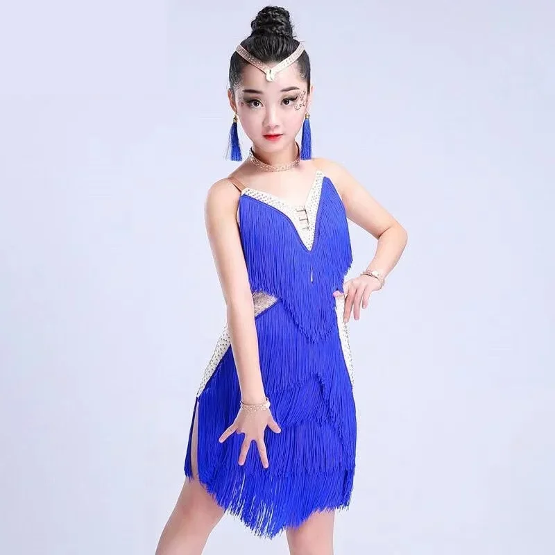 Vestito da ballo latino per ragazze Costumi da ballo latino con nappa bianca Vestito da ballo tango samba Costumi da ballo con frange