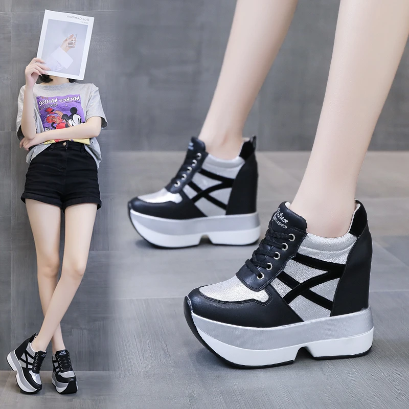 Autumn Women High Platform Shoes Height Increasing Casual Shoes 12 CM Thick Sole Trainers Breathable Shoes Women Sneakers