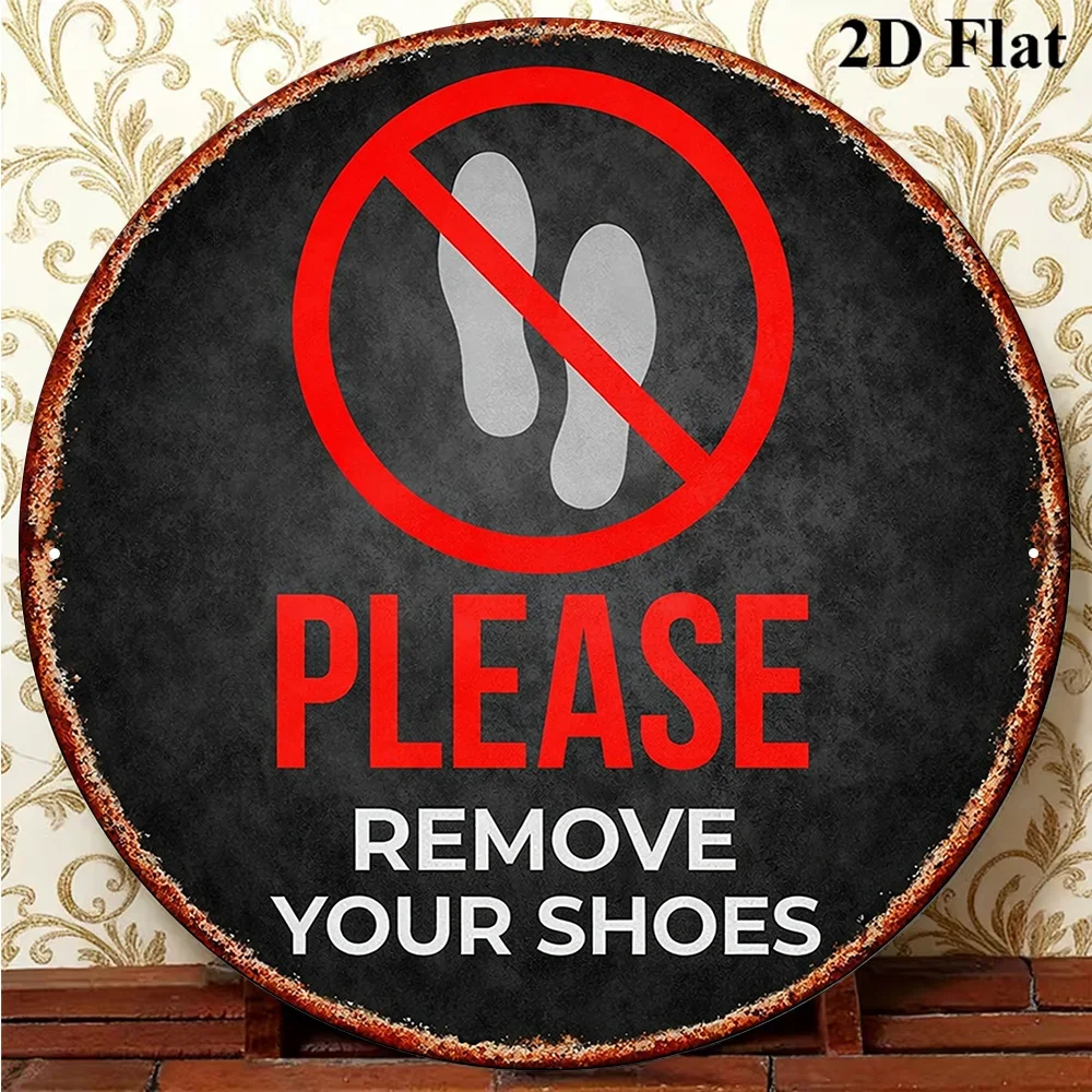 2D Retro Metal Doormat Sign No Shoes Allowed Aluminum Round Plate for Entryway Office Bedroom Wall Decor Gift