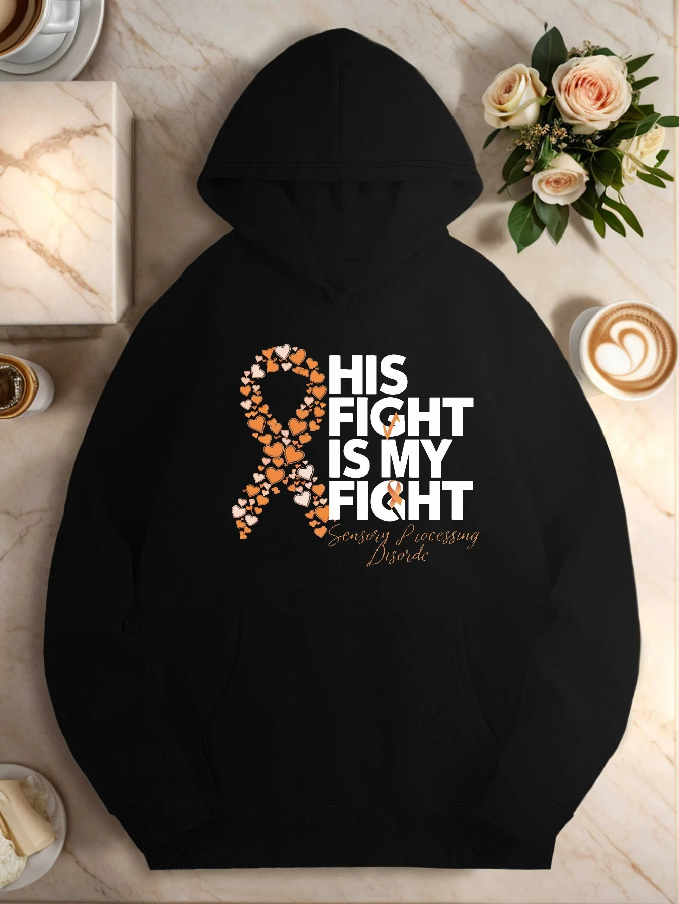 His battle is my battle too. This is a ladies' hooded sweatshirt with an orange tie pattern and a casual long-sleeved hoodie.
