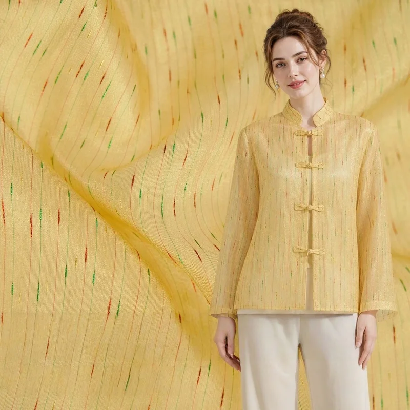 2Code Semi-transparent beige base with irregular colorful lines, organza fabric, shirt dress, or skirtdiyFabricA