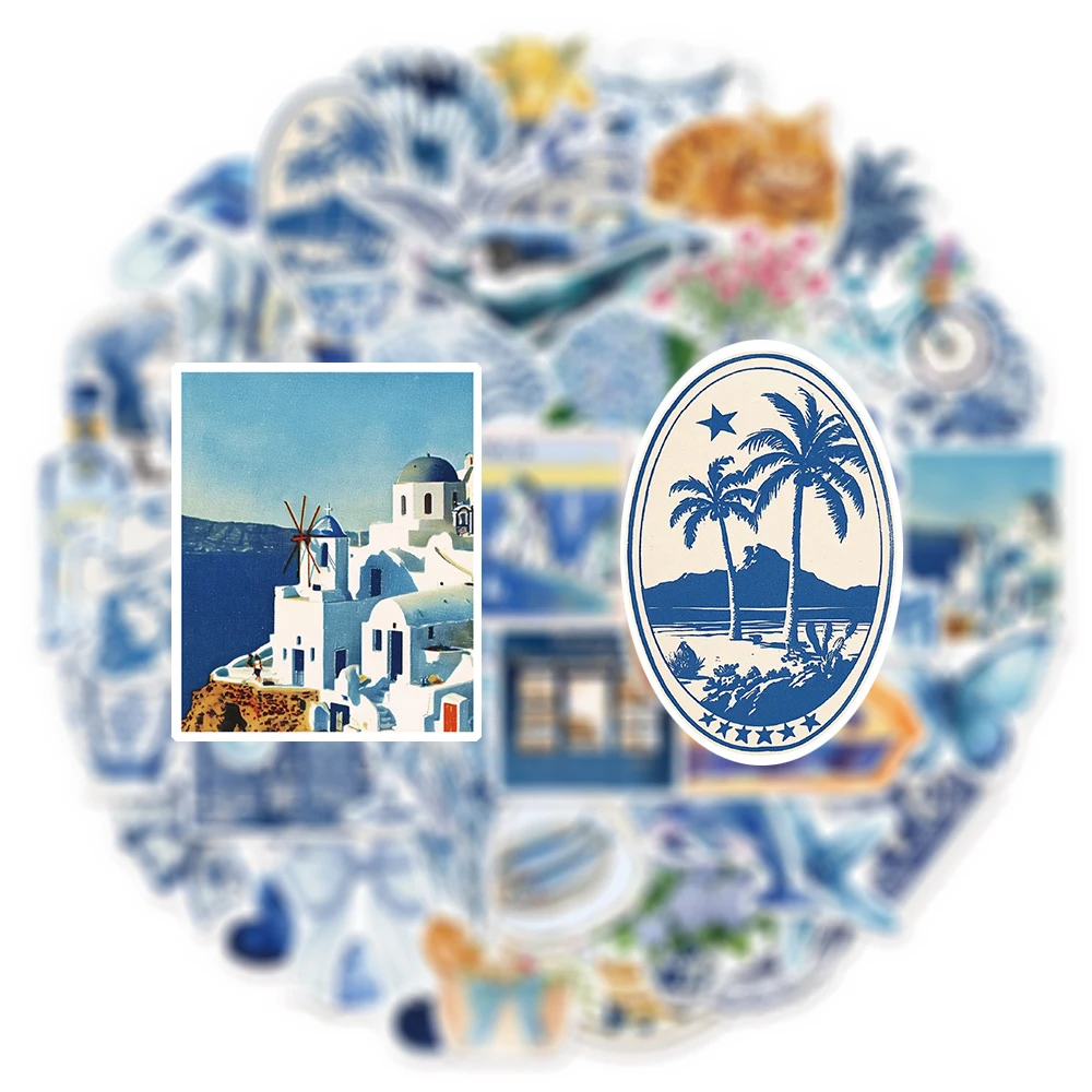 

10/30/50pcs INS Style Blue Mediterranean Stickers Cute Aesthetic Art Sticker DIY Water Bottle Phone Scrapbook Decals Decoration