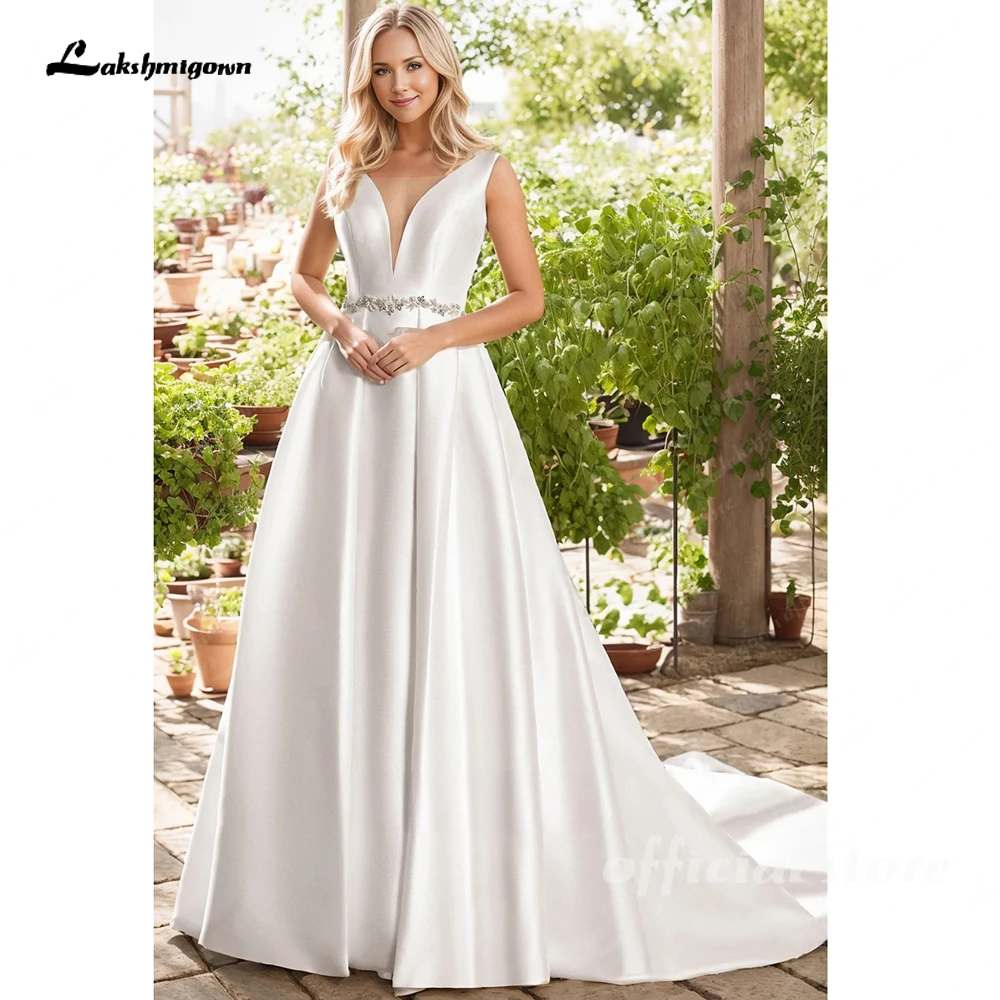 

Lakshmigown Beach A-Line Long Satin Wedding Dress Elegant Sleeveless Deep-V Back Sashed Solid Garden Bridal Gown Customized
