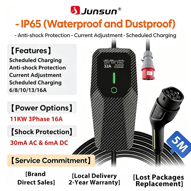 Junsun Type 2 Draagbare EV-lader 6A 8A 10A 13A 16A 20A 24A 32A Stroomregelbaar IP65 1 & 3 Fase Waterdicht 3 6KW 7KW 11KW 22KW Compatibel met geplande laadfunctie Touchscreen bedieningspaneel 2 jaar