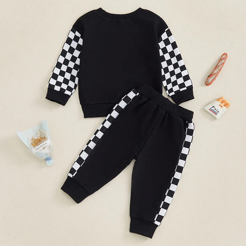 Baby Boy Fall Outfits Checkerboard Long Sleeve Letter Sweatshirt Pants Set Toddler Clothes