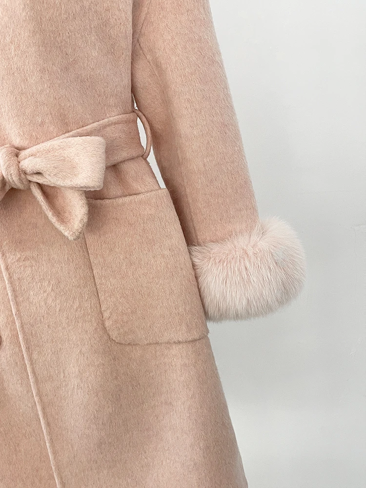 เสื้อโค้ทขนสัตว์แท้สำหรับผู้หญิง แฟชั่นฤดูใบไม้ร่วง-ฤดูหนาว ปี 2025  พร้อมเข็มขัดยาว  ผ้าขนสัตว์แคชเมียร์ผสมขนจิ้งจอกธรรมชาติ