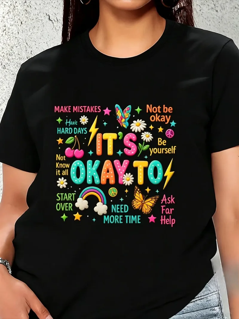 Unisex It's Okay To Graphic T Shirt Positive Mental Health Quote Rainbow Butterfly Daisy Floral Inspirational Casual Tee