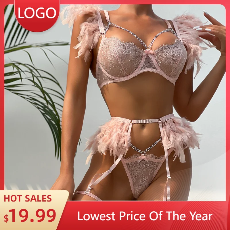 

Hot Selling Sexy Lingerie Feather Four-Piece Set Lace Patchwork Chain Sexy Slim Fit2250