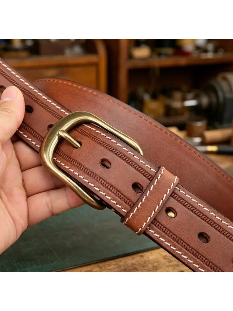 High Quality Luxury Men Handmade Cowhide Belt Copper Buckle Exquisite Boutique Fashionable Accessories Pants Denim Gift Wide 3.8