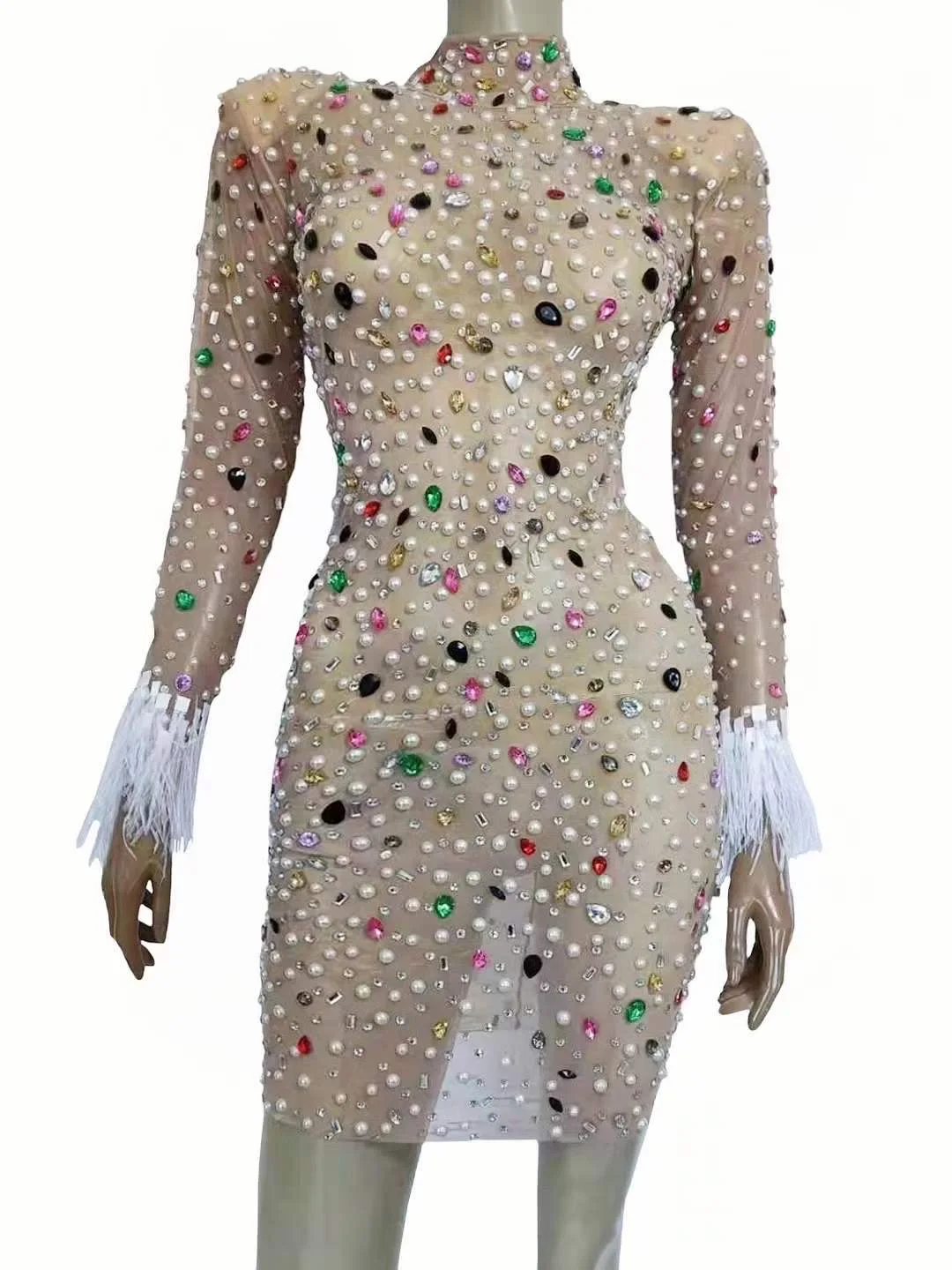 Strass Plume Robe Dos Nu Femmes Nues Robe Cristal Étincelant Parti Bal Tenue De Danse De Boîte De Nuit D'étape Costume