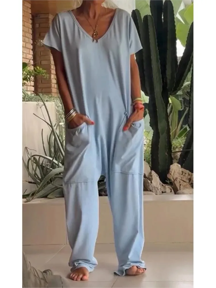 Casual V- Neck Long Jumpsuit 2024 Fashion Women Short Sleeve Pockets Loose Elegant Solid Cross -pants Romper Female Overalls