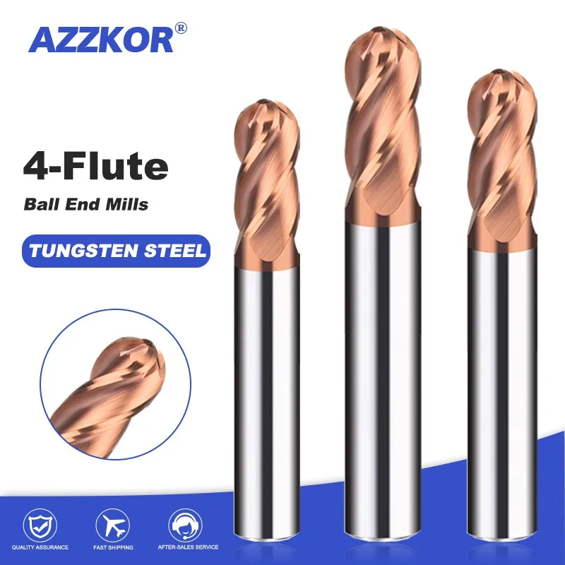 AZZKOR HRC60 4-Flute Ball Milling Cutter Tungsten Steel Carbide Coating CNC Mechanical Processing Center Hardened End Mill Tools