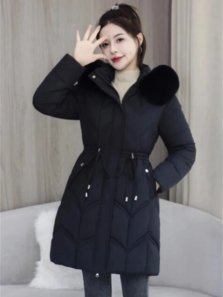 2025 الكورية موضة الشتاء المرأة مقنعين القطن أسفل معطف دافئ سترات أسفل معاطف السترة الطويلة موضة الفراء طوق الأساسية سترة طويلة
