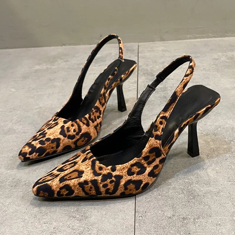 Sexy Pointed Leopard Slingbacks Women Shoes Spring Summer High Heels Temperament French Short Heels Single Shoes Fashion Sandals