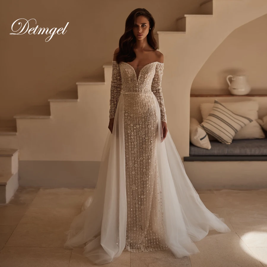 

Detmgel New Exquisite Mermaid Wedding Dresses Cap Sleeve V-Neck Beaded Pearls Lace Detachable Train Vestido De Noiva Customized